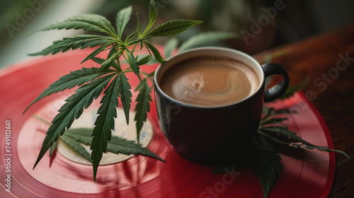 cannabis and coffee on a red vinyl record, cannabis cafe, jazz, world music