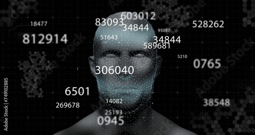 Digital image of multiple changing numbers against human face model on black background