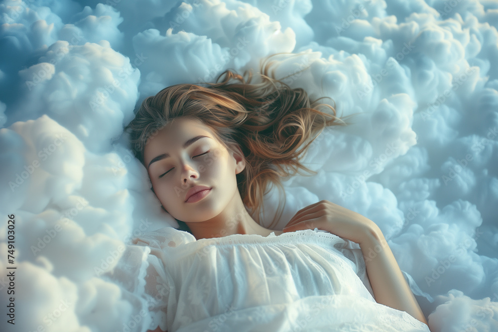 beauty woman sleeping on the clouds