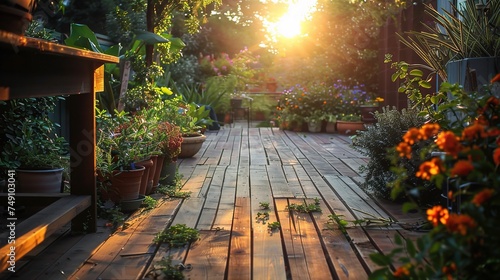 shabby deck and green garden background and sun light