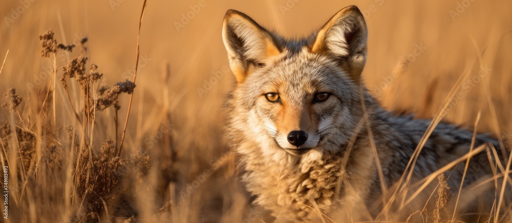 Obraz premium A wolf is seen up close in a field of tall grass, blending in with its natural surroundings. The wolfs sharp eyes and fur are visible as it moves through the grass.