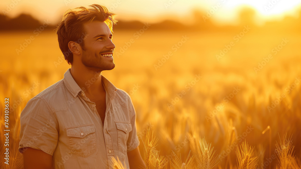 Portrait of a handsome young farmer with a friendly smile, standing in the middle of a golden barley field under the warm sunlight