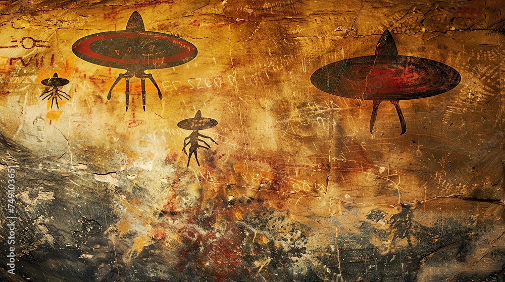 Cave Image Of Ancient Paintings Shows Aliens And Flying Saucers Stock Cave Image Of Ancient Paintings Shows Aliens And Flying Saucers Stock