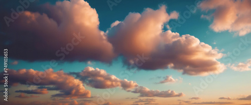 Serene sky filled with fluffy clouds illuminated by the golden hues of sunset.
