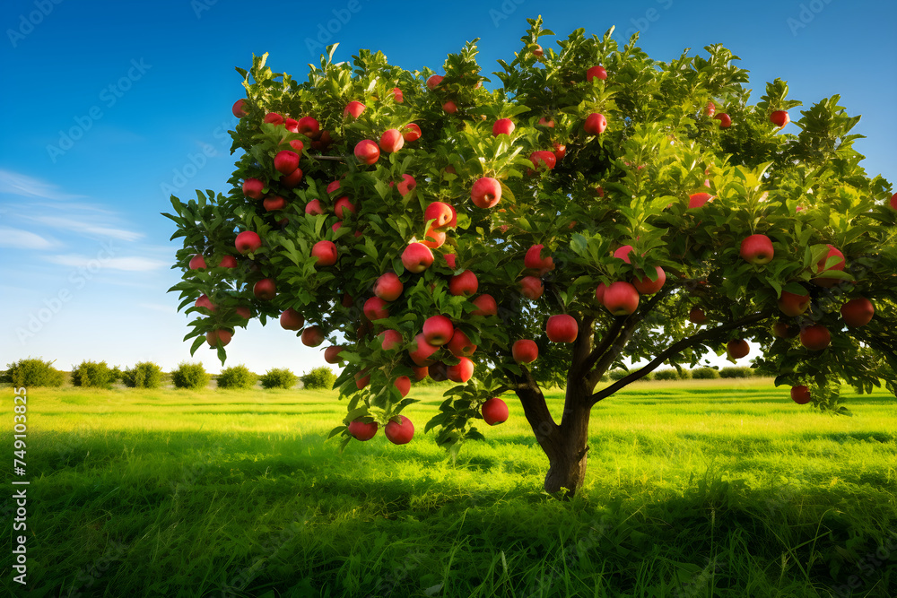 Fototapeta premium The Harvest Season: A Delightful Scene of a Lush Apple Tree Laden with Ripe Apples in A Vibrant Green Field
