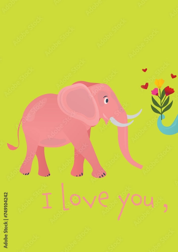Expressing affection, a charming pink elephant presents flowers, evoking warmth and love