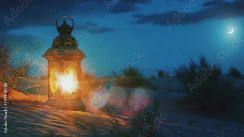 Shining lanterns in the desert night time blue sky background in the month of Ramadan (ID: 749104209)
