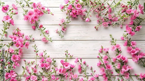 Spring flowers. Pink flowers on white wooden background. Flat lay, top view, copy space. © CLOVER BACKGROUND