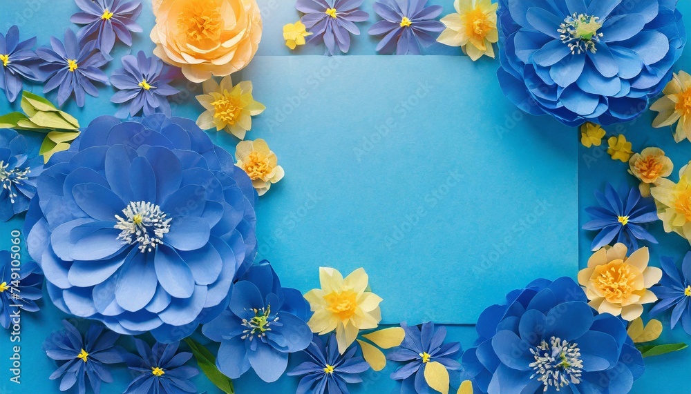 Obraz premium Background of blue paper flowers with empty space for text or greeting card design. Postcard for International Women's Day and Mother day