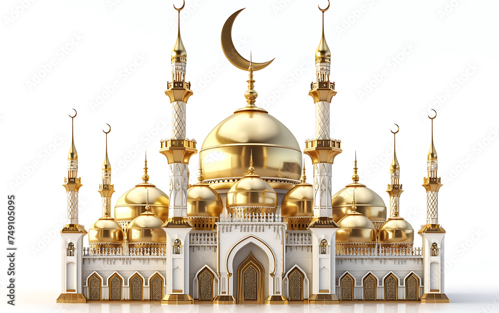 Detailed 3D Rendered Ramadan Mosque with Gold Arabic Carving Accents