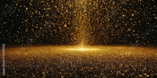 Abstract background shining golden floor ground particles stars dust. Futuristic glittering in space on black background.