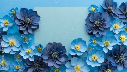 Background of blue paper flowers with empty space for text or greeting card design. Postcard for International Women's Day and Mothers  photo