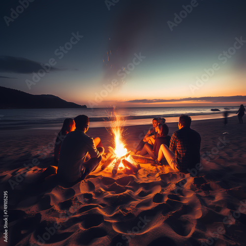 A group of friends having a bonfire on the beach. 