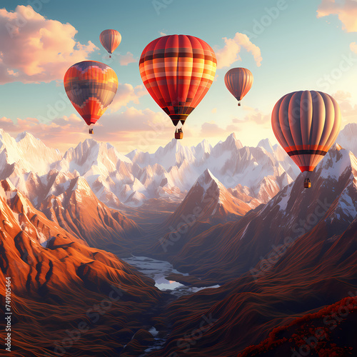 A group of hot air balloons floating over mountains © Cao