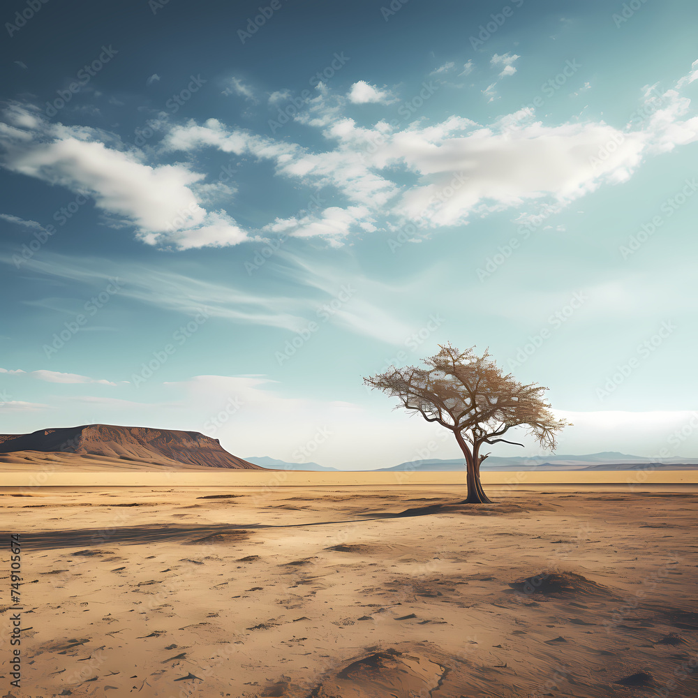 A lone tree in a vast desert landscape.