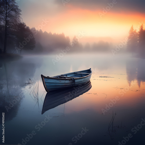 A lone boat on a misty lake at dawn.  © Cao