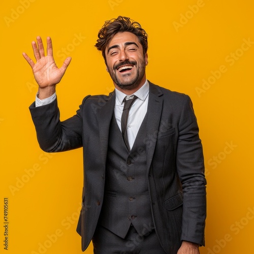 Handsome young man in business attire expressing himself by He raised his hand in a shy greeting as he smiled in celebration after a successful daytime business meeting.