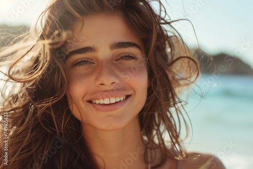 Young woman smiling on the beach with long curly hair, summer, smiling, happy