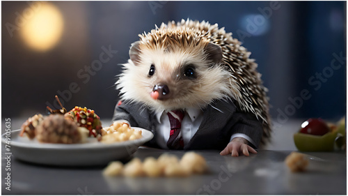 hedgehog wearing a coat and tie eating food, Blur white lighting background