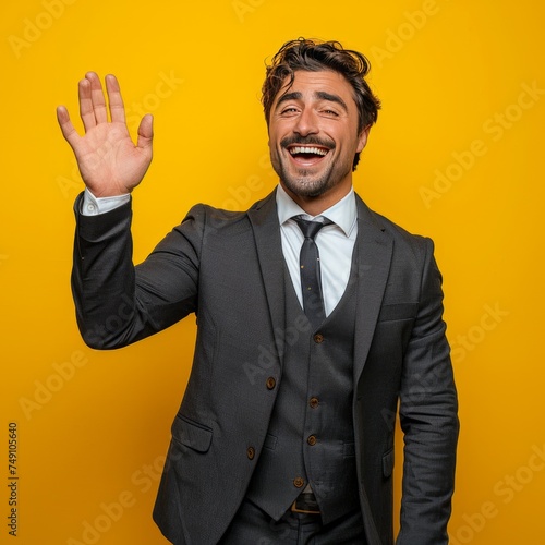 Handsome young man in business attire expressing himself by He raised his hand in a shy greeting as he smiled in celebration after a successful daytime business meeting.