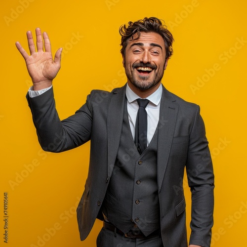 Handsome young man in business attire expressing himself by He raised his hand in a shy greeting as he smiled in celebration after a successful daytime business meeting.