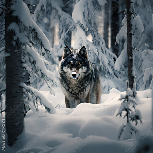 A lone wolf in a snowy forest. 