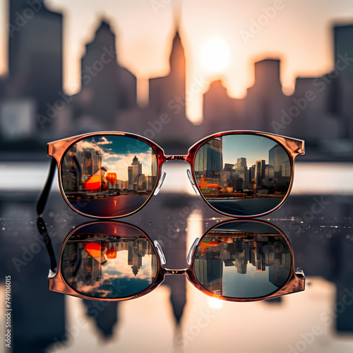 A reflection of a cityscape in a pair of sunglasses © Cao