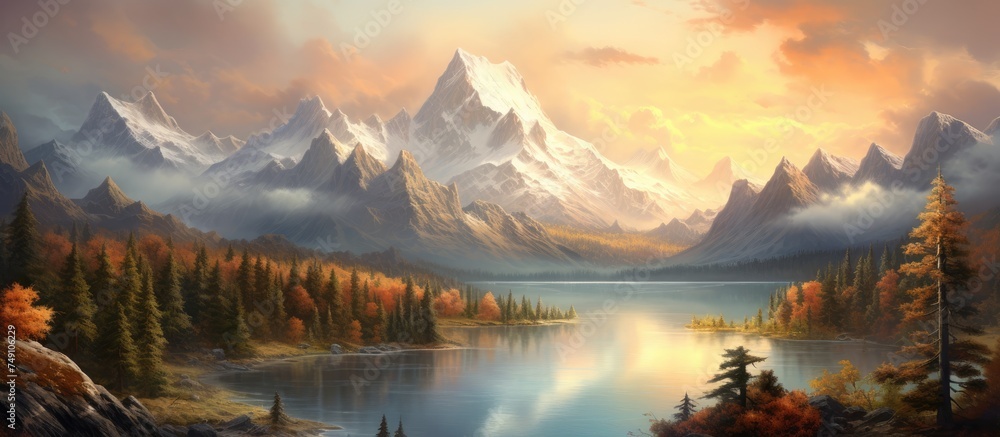 A painting showcasing a mountain lake nestled among towering trees, with the serene water reflecting the majestic mountains in the background. The composition captures the beauty and tranquility of