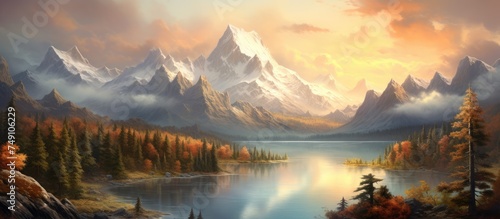 A painting showcasing a mountain lake nestled among towering trees  with the serene water reflecting the majestic mountains in the background. The composition captures the beauty and tranquility of