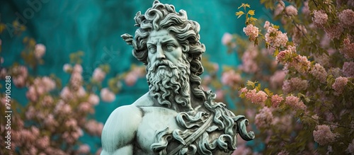 An ancient statue of a bearded man, likely Neptune, stands tall against a backdrop of blossoming chestnut trees. The mans expression is stoic and his beard is intricately carved, adding to the