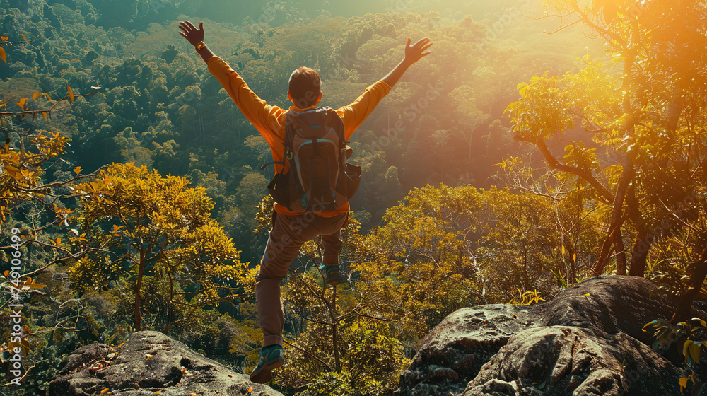 Happy man with arms up jumping on the top of the mountain - Successful hiker celebrating success on the cliff - Life style concept with young male climbing in the forest pathway - obrazy, fototapety, plakaty 
