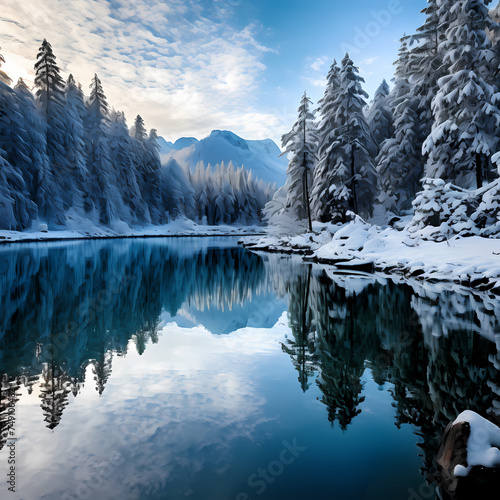 A serene winter lake with reflections of snow-covered trees.