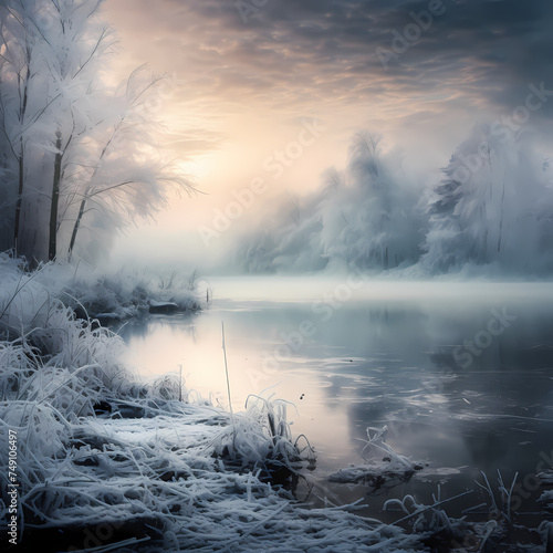 A serene winter landscape with a frozen lake. 