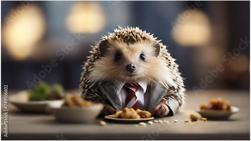 hedgehog wearing a coat and tie eating food, Blur white lighting background