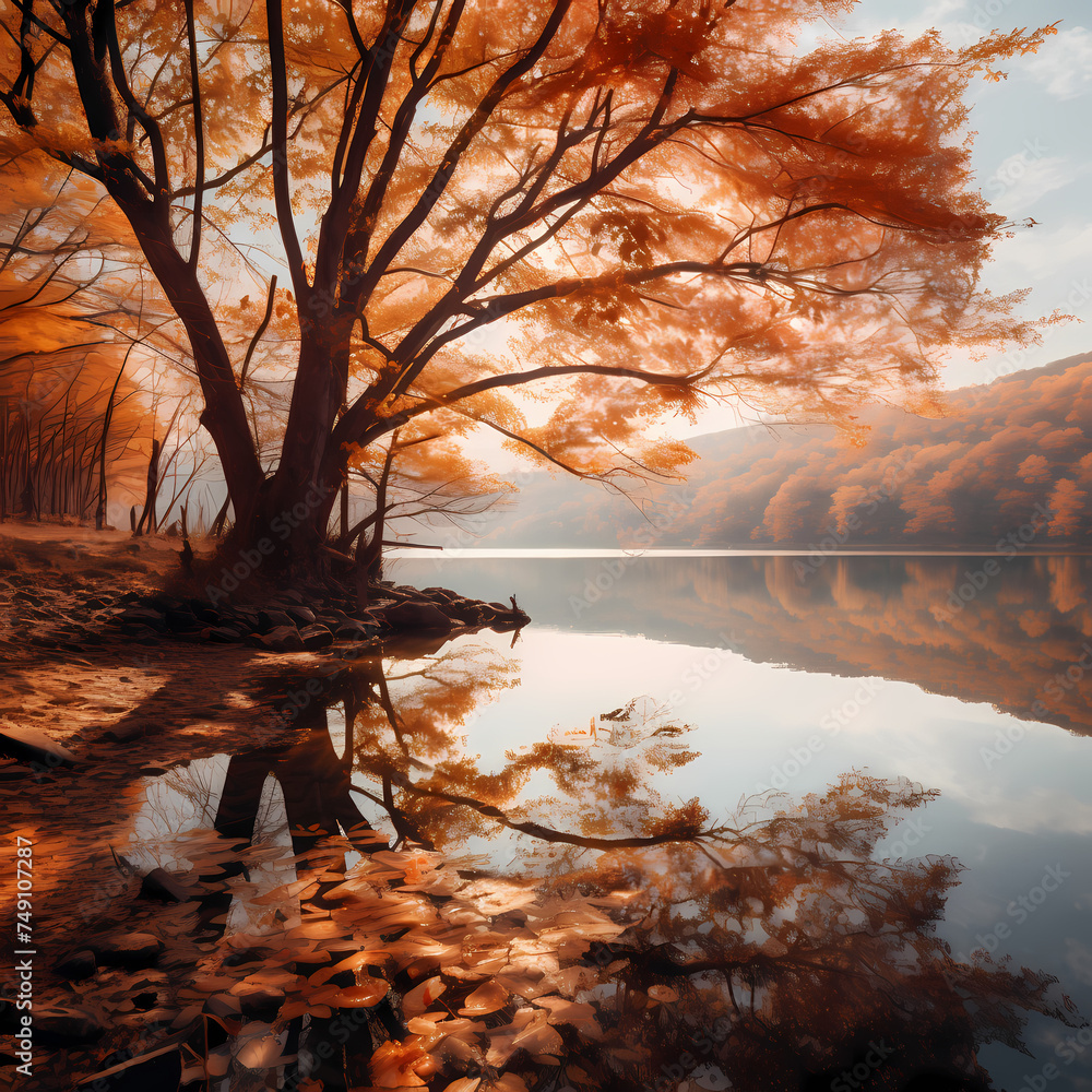 A tranquil lake surrounded by autumn foliage. 
