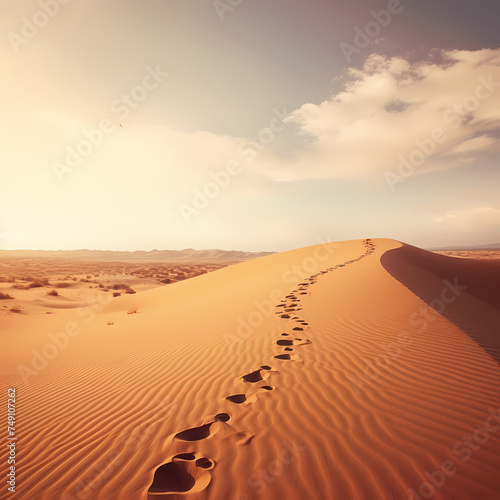 A trail of footprints in the sand leading into the distance.