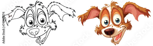 Illustration of a dog's transformation from line art to color.