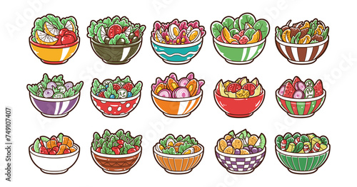 Various salad bowl element vector illustration set 