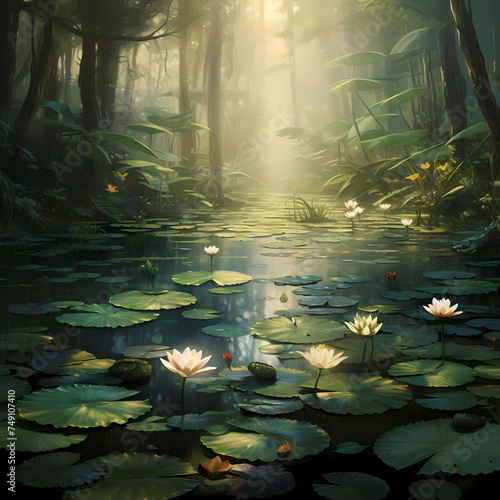 A tranquil pond with water lilies. 