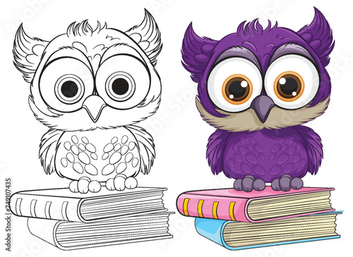 Two cartoon owls perched on colorful books