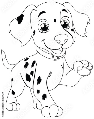 Black and white illustration of a cheerful puppy
