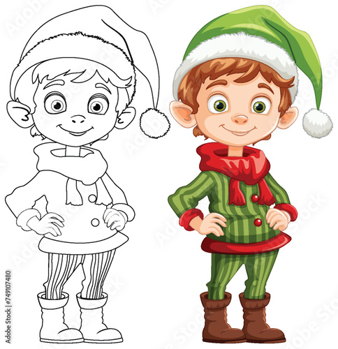 Colorful and outlined versions of a festive elf.