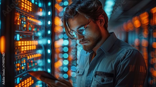 A man using tablet in the corridor of supercomputer data center