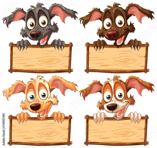 Cartoon dogs peeking over blank wooden signs.