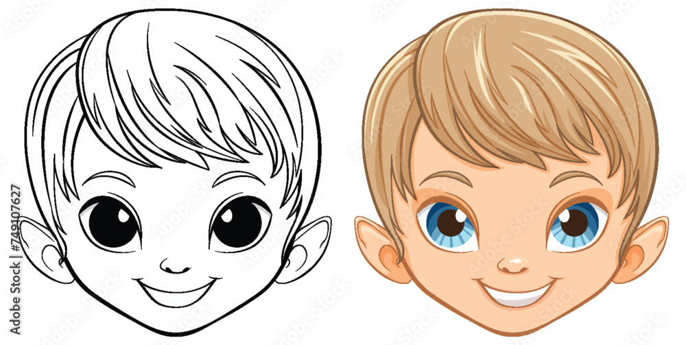 Cartoon boy's face, black and white and colored versions. Cartoon boy's face, black and white and colored versions.