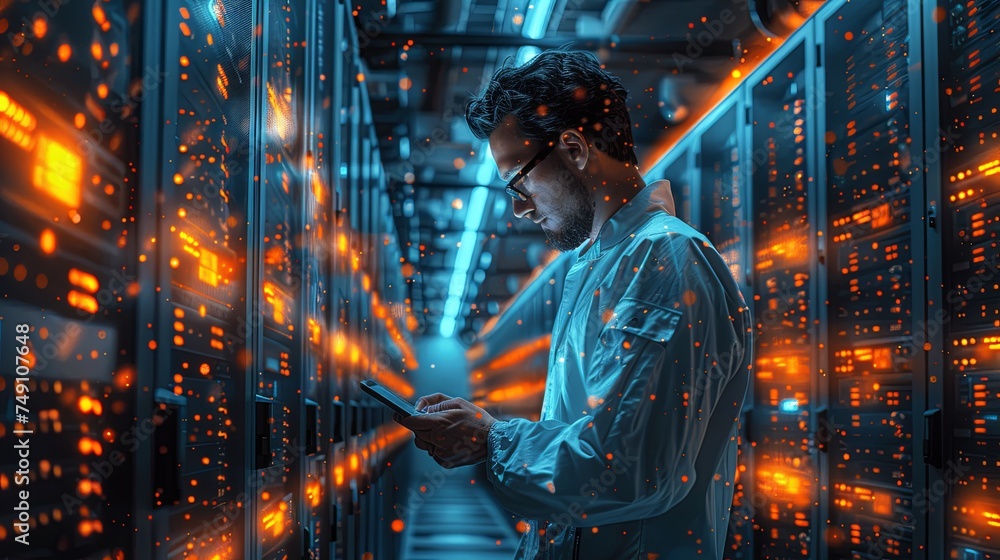 Fototapeta premium A man using tablet in the corridor of supercomputer data center