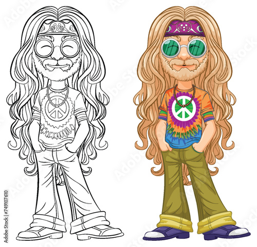 Colorful and outlined hippie character with peace symbols.