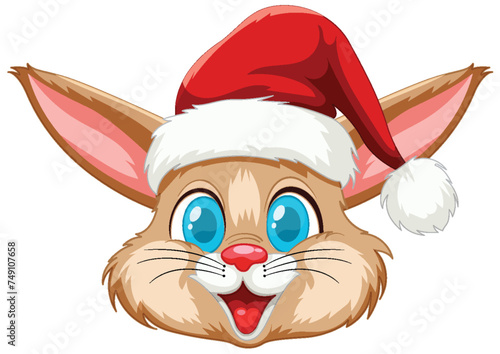 Cute rabbit wearing a Christmas hat, smiling joyfully.