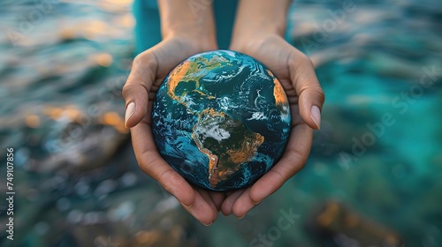 hands holding earth global over blurred blue water background.