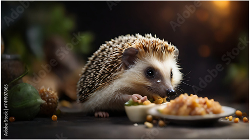 hedgehog wearing a coat and tie eating food, Blur white lighting background